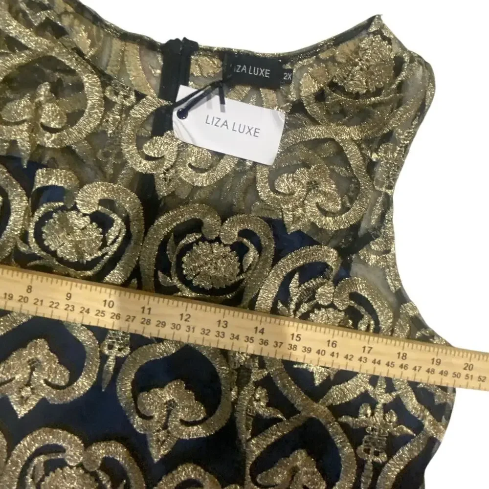 Liza Luxe Navy Blue Gold Brocade A-Line Dress Sleeveless Metallic Party